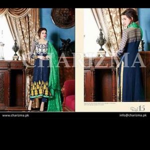 Charisma ready stitched navy turquoise 3pc tunic, pants and, scarf